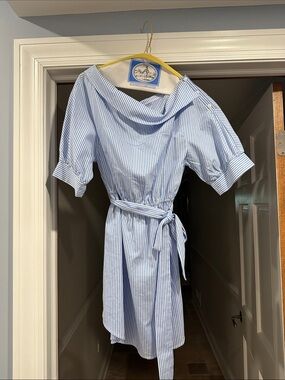 Simplee Apparel Light Blue and White Striped Off-Shoulder Tie-Waist Dress